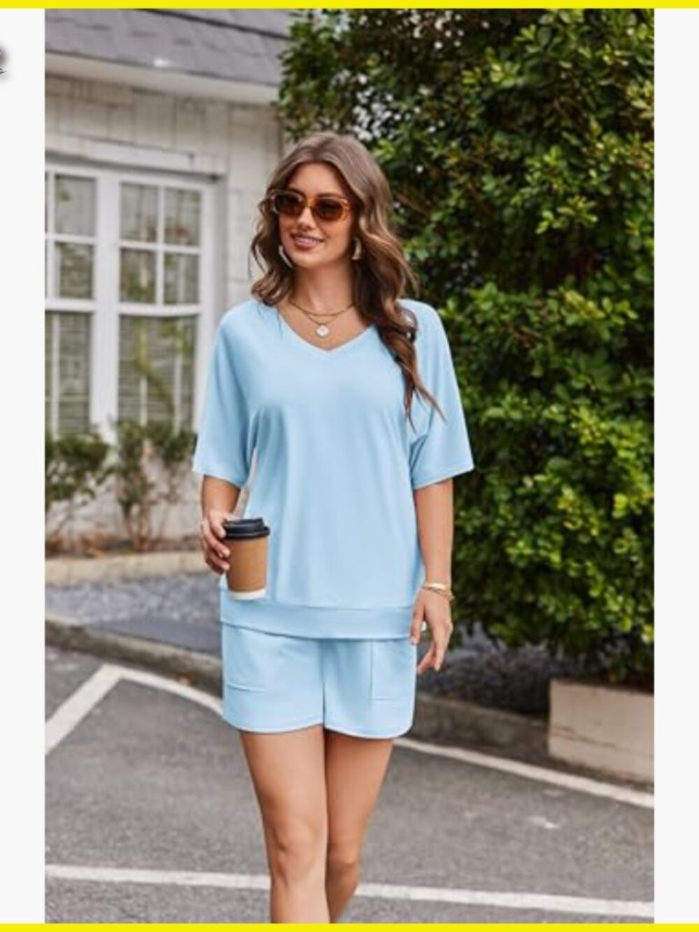 V-Neck Lounge Short Set Summer Casual Loose Fit Batwing Sleeves Pockets - Picture 2 of 7